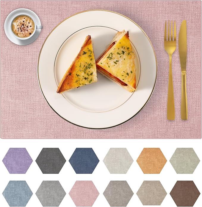 Faux Leather Placemats Set of 4 Washable PU Table mats for Kitchen Table - Heat Resistant, Waterproof, Easy Clean, Anti Slip 11.8" x 17" (Pink-4 Pack)