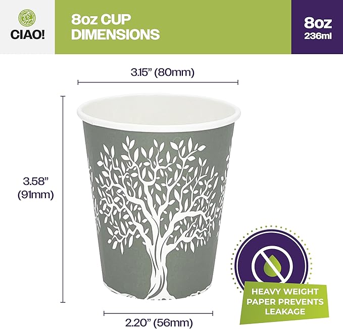 CIAO! 8oz Paper Hot Cup, Rooted Olive Print, (Case of 1,000)