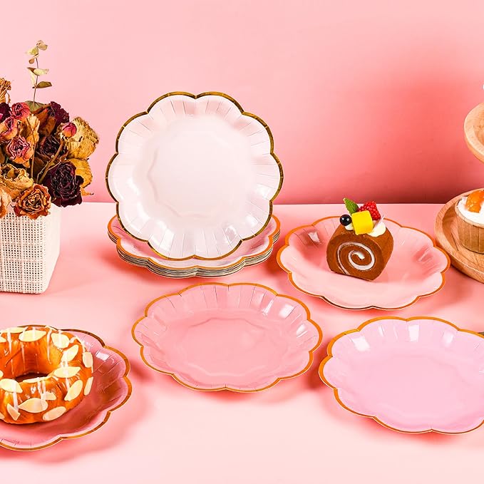 Pink Party Plates Valentines Day Gradient Pink Dessert Paper Plates 7inch Gold Foil Scalloped Edge Disposable Cake Plates for Christmas Birthday Bridal Baby Shower Party Supplies (24)