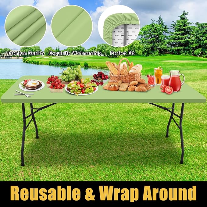 Smiry Rectangle Picnic Table Cloth, Waterproof Elastic Fitted Tablecloths for 5 Foot Tables, Washable Polyester Table Cover for Camping, Indoor and Outdoor (Sage Green, 30"x60")