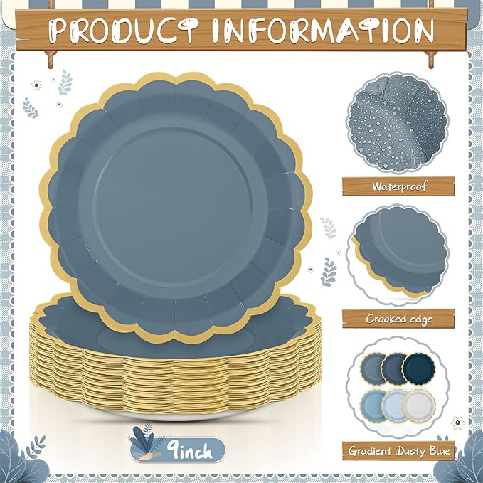 96 Pcs Dusty Blue Paper Plates 9 Inch Gradient Scalloped Paper Blue Disposable Dinner Dessert Plates for Birthday Wedding Bridal Party Supplies, 6 Colors