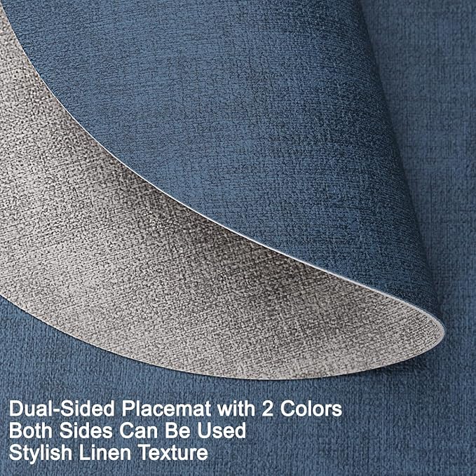 Placemats and Coasters, Washable Placemats Round Faux Leather Wipeable Place Mats Non Slip Heat Resistant Indoor Outdoor Table Mats (Set of 4, Light Gray Navy Blue)