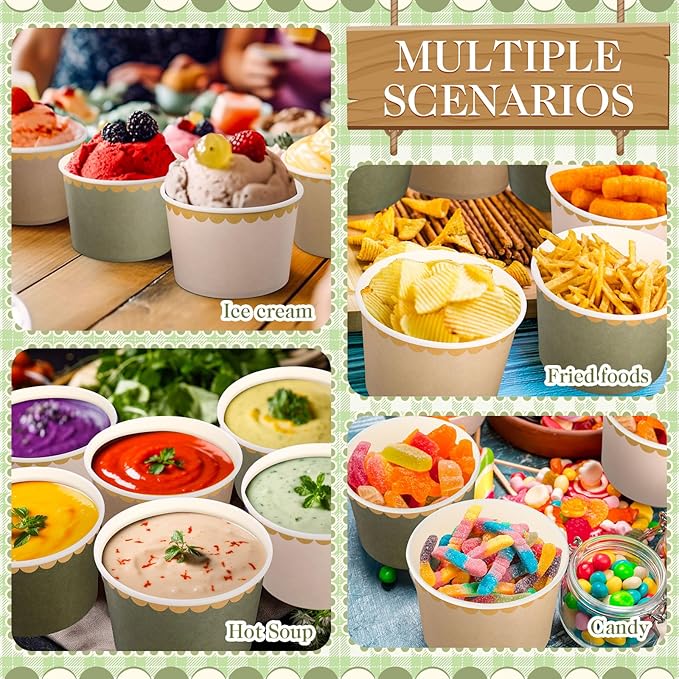 Zopeal 96 Pcs Sage Green Disposable Ice Cream Bowls 9oz Green Gradient Color Paper Snack Cups with Gold Scallop for Parties, Weddings, Baby Showers, Desserts, Yogurt, and Salads
