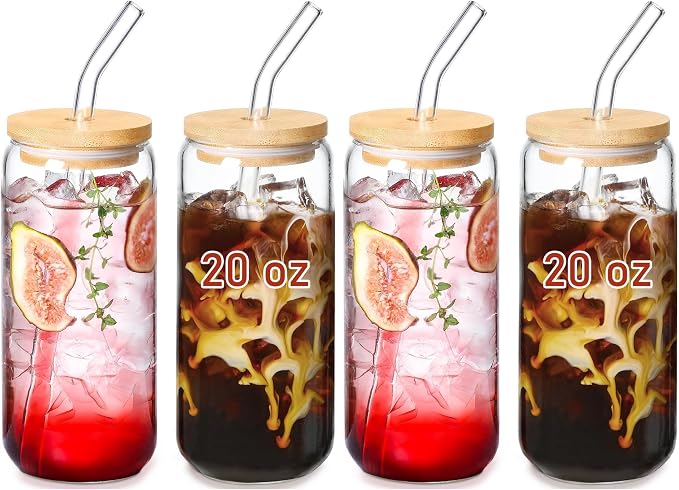 VITEVER 20 OZ Glass Cups with Bamboo Lids and Glass Straw by VITEVER