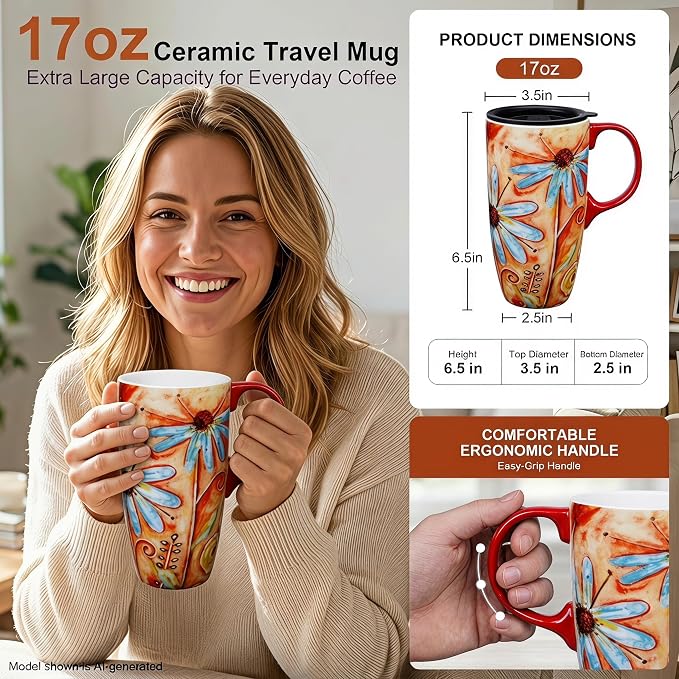 Topadorn 17 oz Ceramic Travel Mug, Colorful Floral Coffee Mug - Image 2
