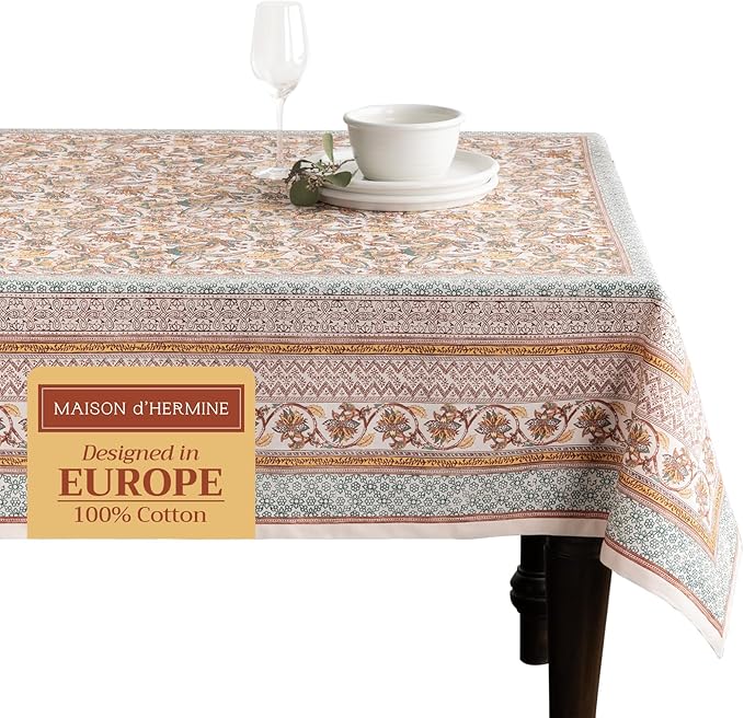 Maison d' Hermine Table Cloth Rectangle Table 100% Cotton 60 x 108 Inches Fall Tablecloth Reusable Everyday Use for Thanksgiving Christmas Decorations Dining Farmhouse Party (Nila)