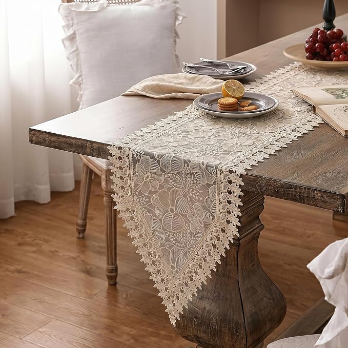 SIOLOC 2 Pack Champagne Lace Runner 14x48, Floral Embroidered | Matching - Image 4