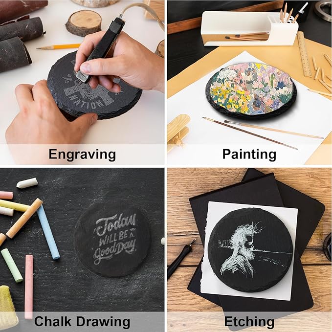 Slate Coasters Set of 6,4-Inch Black Round Stone Drink Coasters with Scratch-Resistant Backing, Durable Tabletop Protection for Home Office Kitchen, Ideal Housewarming Wedding Gifts