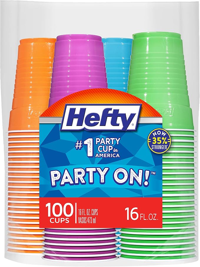Hefty Party On Disposable Plastic Cups, 16 Ounce, Disposable Plastic Cups by Hefty