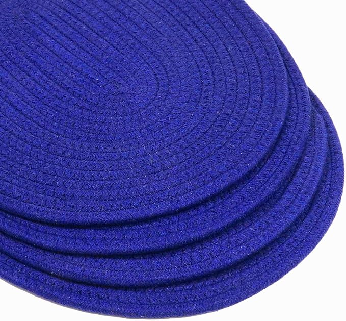 Braided Placemats Set of 6, Cotton Fabric Oval Table Mats Non Slip Washable 16 * 12 inch Oval Place Mats, 6 Pack Blue Woven Placemats