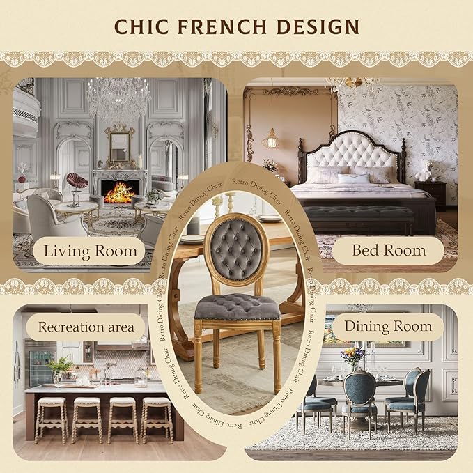 SoarFlash French Velvet Dining Chairs Set of 6, Vantage Dining Chair with Round Back, Wood Leg Farmhouse Country Dining Chair for Kitchen,Bedroom,Grey