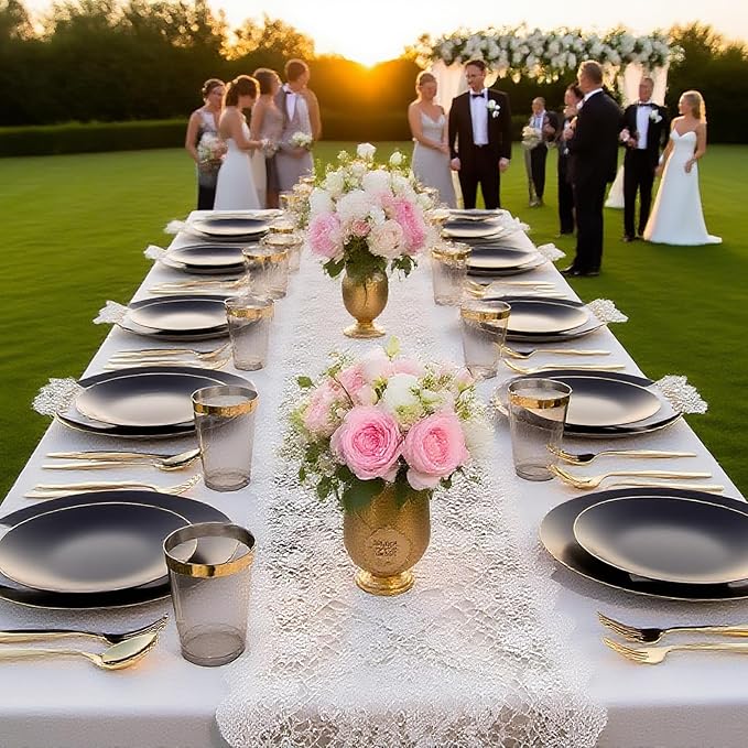 EI 350Pcs Black and Gold Matte Frosted Plastic Plates Disposable Heavy Duty,Dinnerware Set for Party Include 100 Disposable Plates,150 Silverware,50 Napkins,50 Cups for Party/Wedding/Events,Hotel