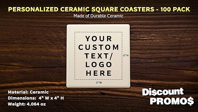 100 4" Square Ceramic Coasters Set - Customizable Text, Logo - Cork Bottom, Serve Ware - Natural
