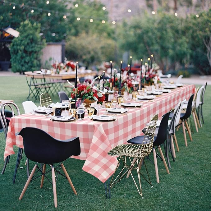 Plaid Tablecloth 2 Pack, 60 x 120 inch, Peach Pink and White | Waterproof - Image 2