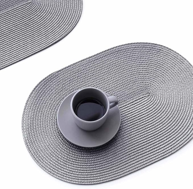FunWheat Oval Braided Placemats Set of 4 Table Mats for Dining Tables Washable Heat Resistant Place Mats for Indoor Outdoor Use 12 x18 Inch(Oval Light Grey, 4pcs)