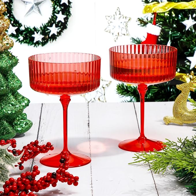 48 Pcs Ribbed Martini Glasses 10 oz Disposable Plastic Vintage Ribbed Coupe Glasses Unbreakable Dessert Parfait Glassware for Wedding Birthday Party Supplies (Red)