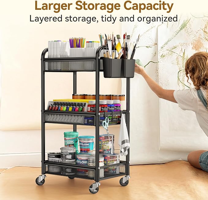 3 Tier Metal Rolling Cart, Art Workspace, Bedside Storage - Image 4