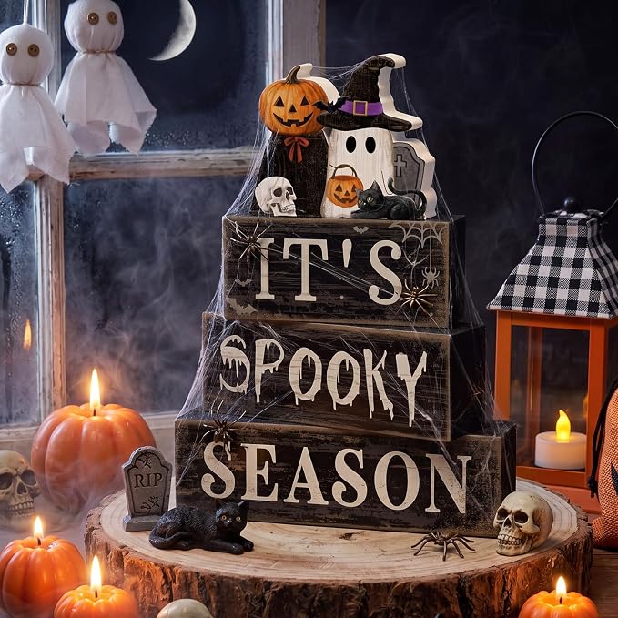 Moucuny 4 Pcs Halloween Table Decoration Pumpkin Ghost Wooden Stacked Block - Image 2