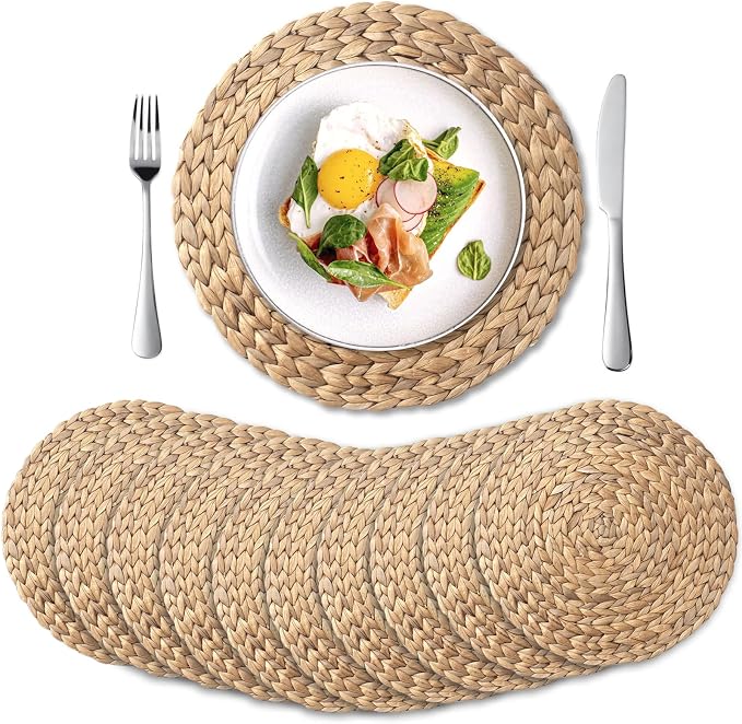10 Pack, Round Woven Placemats, Natural Water Hyacinth Place mats, Braided by YANGQIHOME