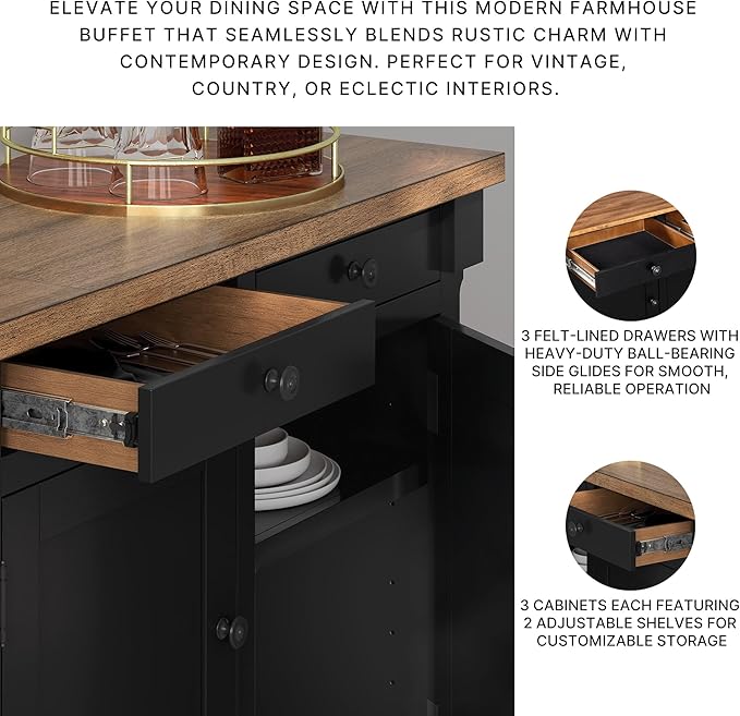Signature Design by Ashley Wildenauer Farmhouse Dining Buffet with Drawers and Adjustable Shelves, Light Brown & Black