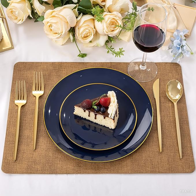bUCLA 100PCS Blue Plastic Plates - Navy Blue Disposable with Gold Rim, Include 50 Each (10 inch Dinner & 7 inch Dessert) Plates, Ideal for Party and Hanukkah