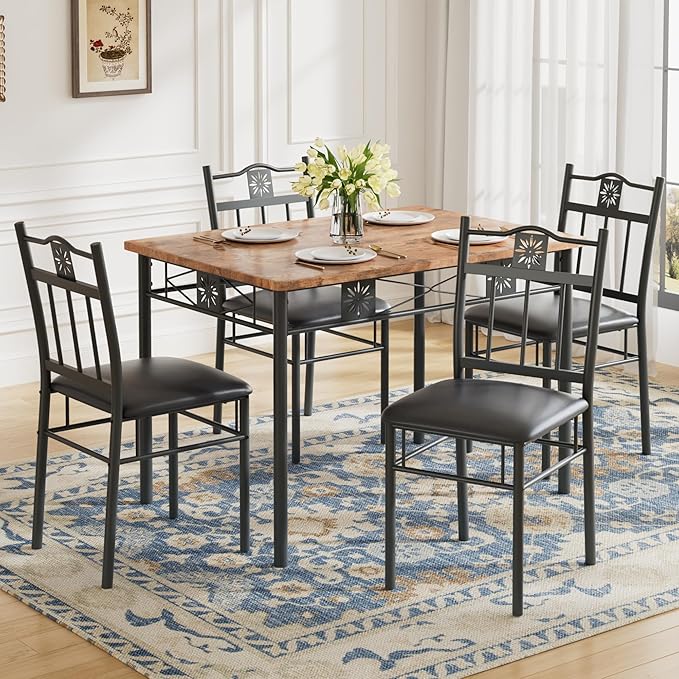 VECELO Dining Table Set for 4, 5-Piece Wood Kitchen Table with Upholstered Padded Chairs for Small Space, Breakfast Nook, Space-Saving, Brown