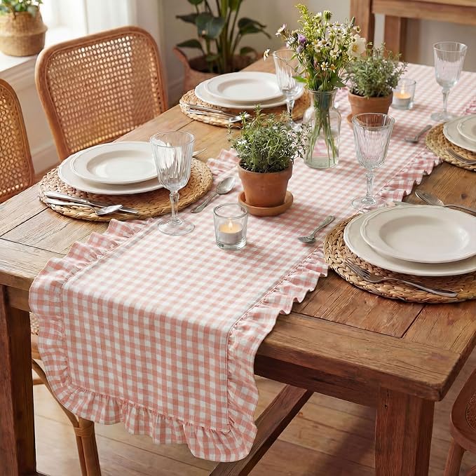 HunnmingRe 1 Pc Gingham Table Runner Light Pink, 118 X 13.8 Inch | Cotton - Image 5