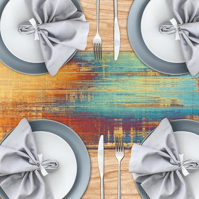 Long Table Runner Vintage Abstract Blue and Orange Table Runner Messy Rust - Image 4