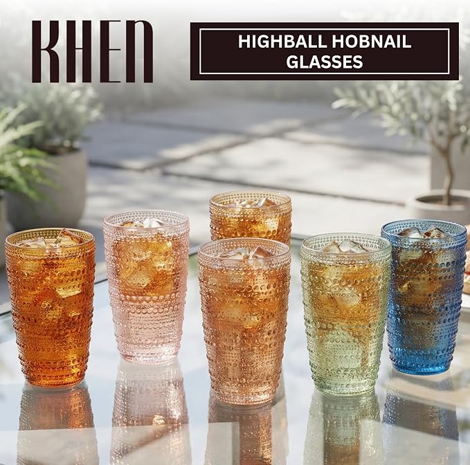 Khen Beaded Highball Tumbler Drinking Glasses Set | Set of 6 | Vintage Hobnail - Image 2