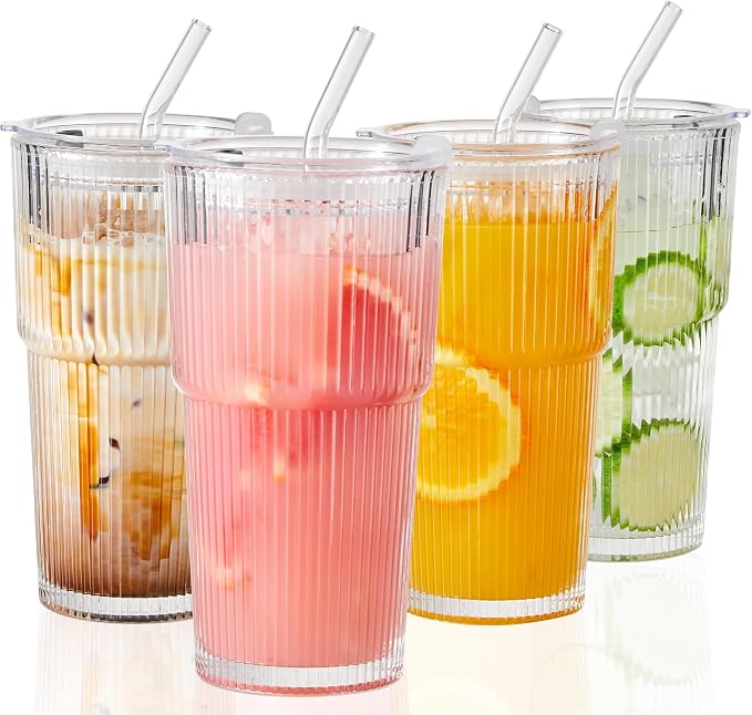 Wells 20oz Glass Cups with Lids and Straws, Ribbed Iced Coffee Cups, Thickened by Wells