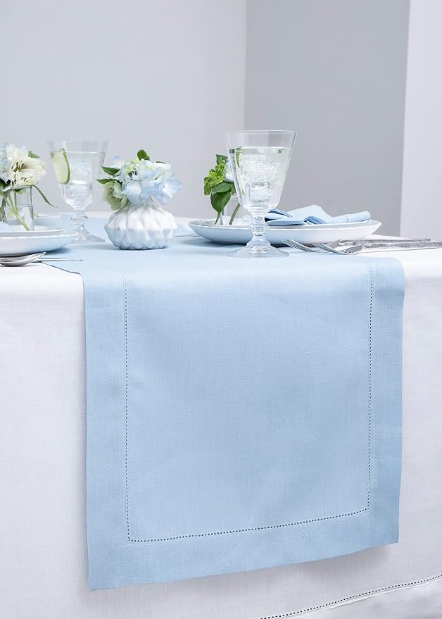 Solino Home 100% Linen Table Runner Sky Blue, Classic Hemstitch 14 x 132 in | - Image 2