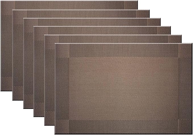 Placemats Washable Easy to Clean PVC Placemat for Kitchen Table Heat-resistand Woven Vinyl Table Mats 12x18 inches Set of 6 （Brown）