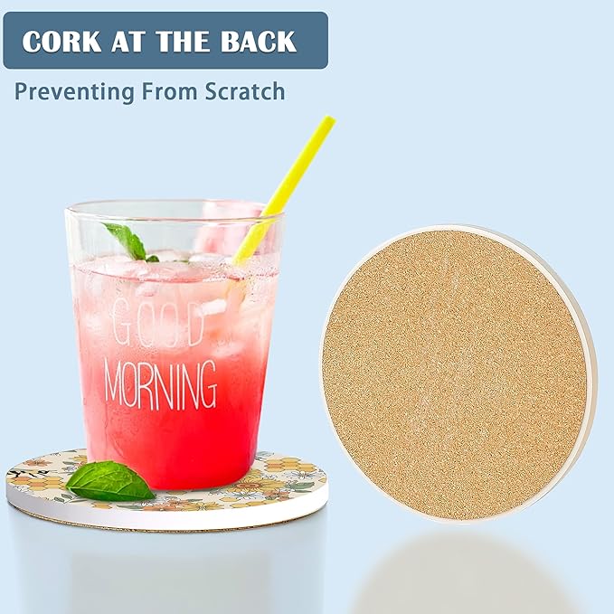 Coasters for Drinks,Retro 70s 60s Groovy Flower Bee Absorbent Coaster Set of 4 with Cork Base,Ceramic Drink Coasters for Cold Drinks Wine Glasses Cups Mugs,Housewarming Gifts for Home Decor