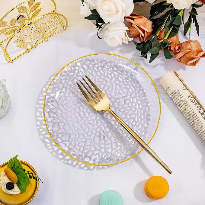 Rubtlamp 200 Pcs Clear Dessert Plates 7" with Forks 7.6",Clear Plastic Cake/Appetizer Platos, Dessert Plates Disposable, Hammered Party Platos Include 100platos and 100forks for Party&Birthday