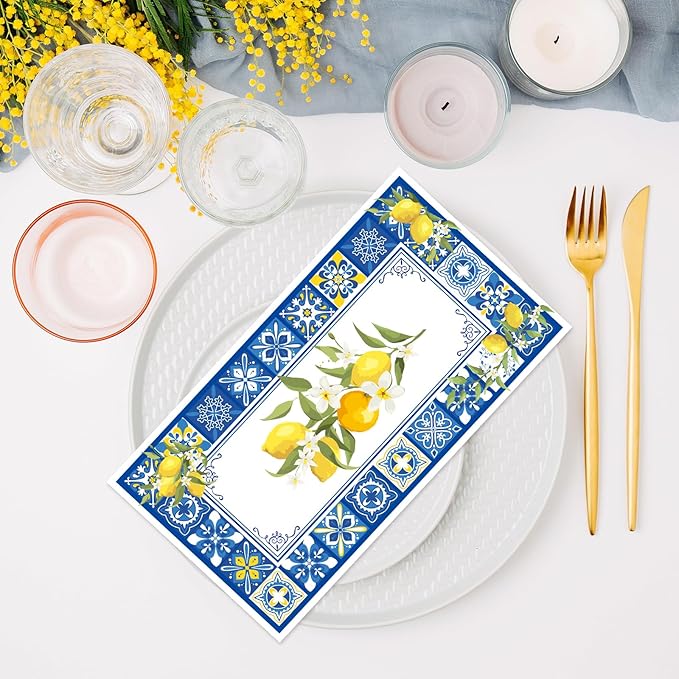 Amalfi Coast Party Decorations - 100 Pcs 7.9 x 4.3 in Lemon Napkin Blue Tiles Mediterranean Disposable Paper Hand Towels, Summer Fruit Lemonade Lemons Theme Birthday Bridal Shower Supplies