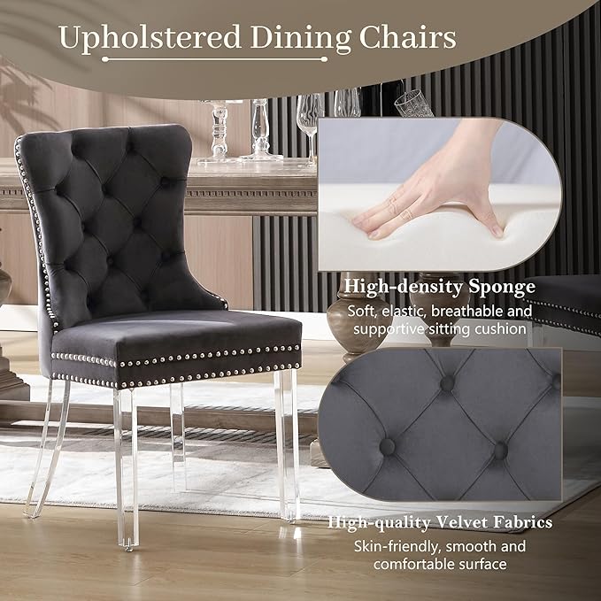 KCC Velvet Dining Chairs Set of 6, Upholstered Tufted Wingback Dining Room Chair with Nailhead Back Ring Pull Trim Solid Acrylic Legs, Contemporary Nikki Collection Style for Kitchen, Grey