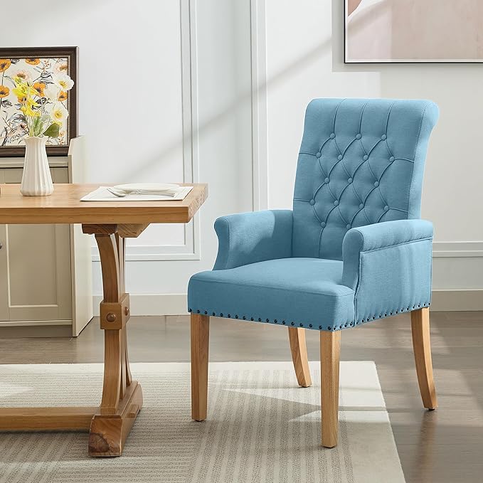 Fabric Dining Chair with Arms, Upholstered Tufted High Back Dining Room Chairs, Accent Armchair with Solid Wood Leg and Nailhead Trim, Kitchen Dining Living Room, Blue