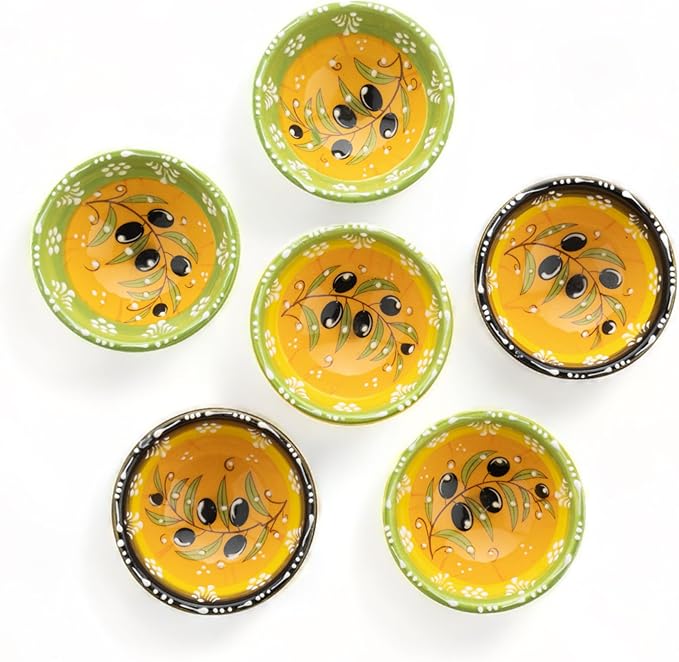 Ceramic Small Dipping Bowls Set of 6, 3.5 Oz Soy Sauce Dish, Handmade Charcuterie, Colorful Pinch, Dishwasher & Microwave Safe Sauce, 3.2'' Mini (OLIVE BRANCH)