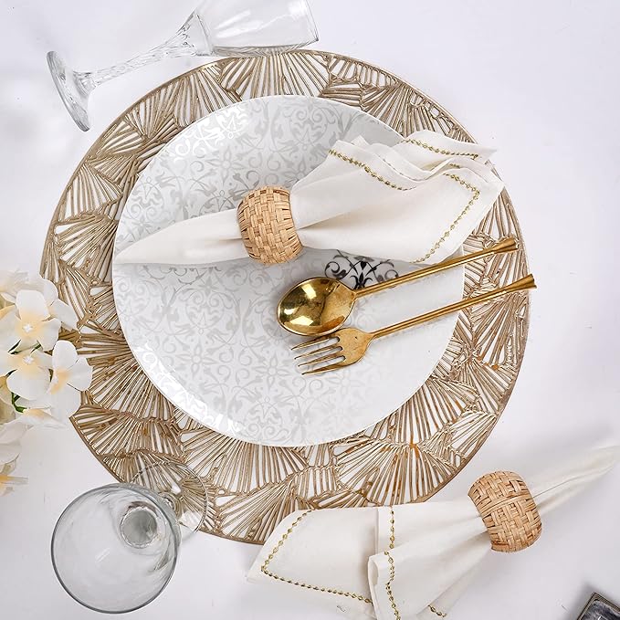 ALPHA Living HOME Farmhouse Napkin Rings - Rustic Natural Cane & Jute Serviette Holders for Elegant Table Decor, Weddings, Thanksgiving, and Everyday Dining- Set of 12 (Natural)