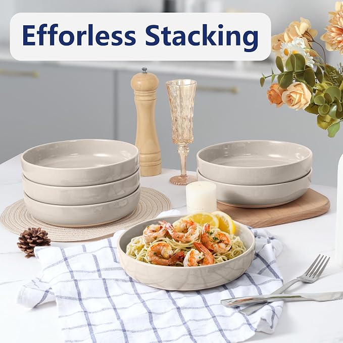 LIANYU Pasta Bowls Set of 4, 33oz Stoneware Salad Serving Bowls, Large and - Image 4