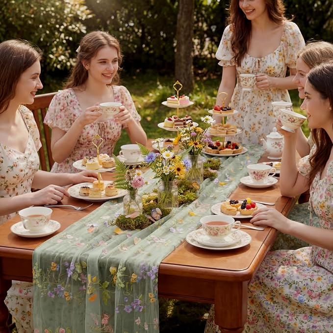 Sage Green Floral Table Runner 10ft Embroidery Tulle Spring Wildflower Table - Image 3
