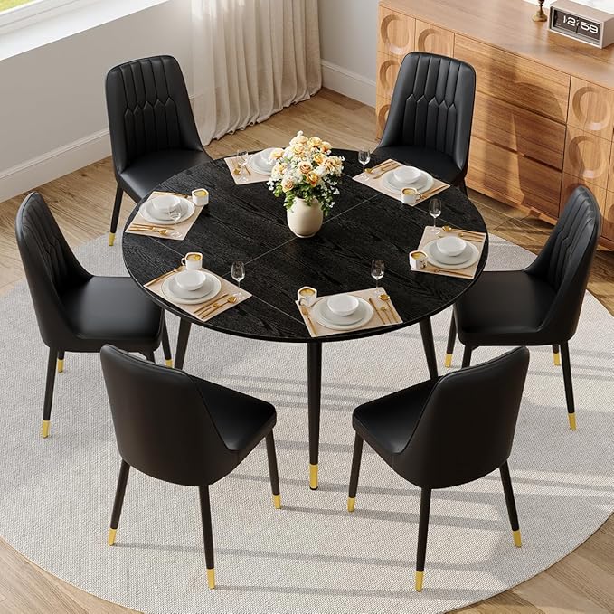 53” Round Dining Table Set for 6｜7 Piece Wood Dining Table Set｜Extendable Dining Room Table with 6 Chairs｜Black Wooden Tabletop with Metal Legs｜Easy Assembly｜Space Saving｜for Kitchen, Living Room