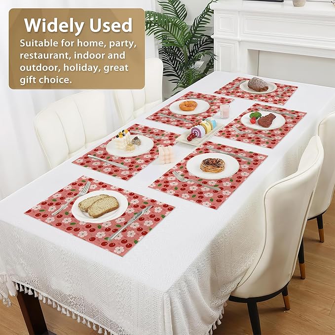 Cherry Berry Flowers Placemats Set of 6 Linen Washable, Heat-Resistant 12x18 Inch Table Place Mats for Kitchen Dining for Home Party Holidays