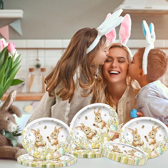 HAKOTI 50Pcs Easter Oval Paper Plates - Easter Decorations Bunny Oval Party Plates Spring Floral Rabbit Tableware Decoration for Birthday,Baby Shower,Spring Holiday Dinner Table Decor