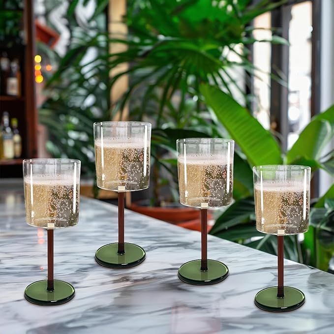 Gusto Buono 11.8oz Borosilicate Wine Glasses – Set of 4 Drinkware with Yellow & Green Stem | Handmade, Heat-Resistant, Dishwasher & Microwave Safe | Perfect for White & Red Wine, Parties & Gifts