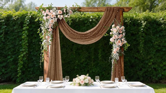 Pearl Table Runner Gauze Sheer 19FT Wedding Draping Fabric Decor | Brown Summer - Image 2