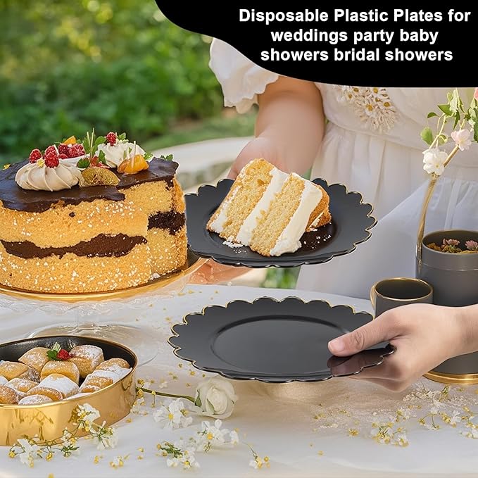 LIYH 100 Pcs Black Plastic Scalloped Plates - Disposable Dessert Plates with Elegant Gold Rim Cake Plate Disposable for Salad Parties Cass Reunions Wedding