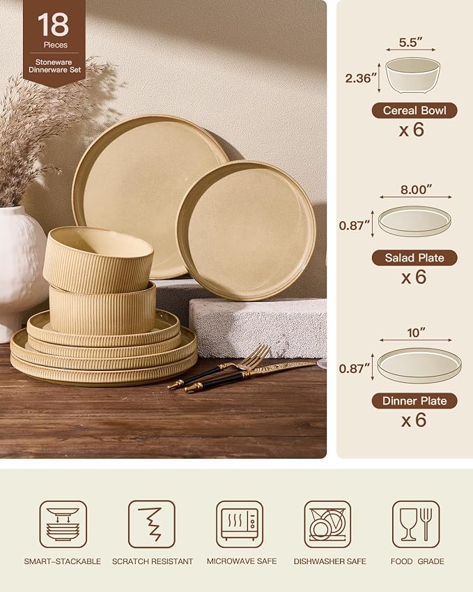 Dinnerware Set for 6, Ceramic Ribbed Plates, Dishes | 18-Piece Stoneware Dinner - Image 8