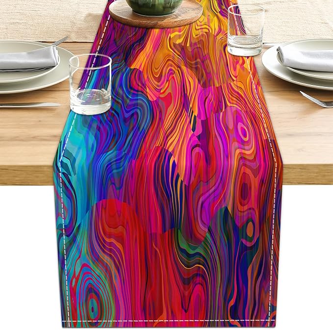 Abstract Table Runner 13x71 Inch Colorful Chaotic Waves Table Runners Table by LXXTK