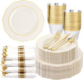 Liacere 350PCS Ivory Plastic Plates - Cream Disposable Plates With Gold Rim - 50Guest Baroque Plastic Dinnerware include 100 Plates - 50 Pack Pre Rolled Napkins Silverware 50Cups for Wedding＆Easter